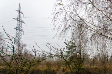 A transmission tower or electricity pylon. Steel lattice tower, used to support an overhead power line. The sky is covered with fog. Under the tower are trees and grass. Autumn landscape.
