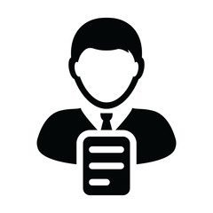 User icon vector male profile avatar with document symbol in a glyph pictogram illustration