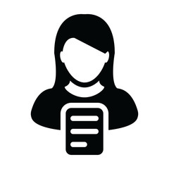 Profile icon vector female person profile with document symbol in a glyph pictogram illustration