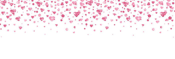 Glitter heart confetti border. Bright pink confetti falling on transparent background. Valentines Day banner for greeting cards, wedding invitation, gift packages. Vector illustration