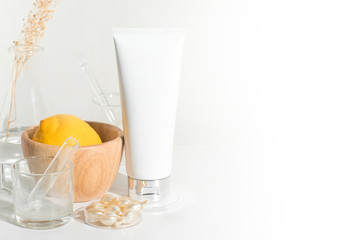 beauty spa medical skincare and cosmetic lotion cream serum oil mockup bottle packaging on white decor background, collagen healthcare medicine, lemon citrus extrct