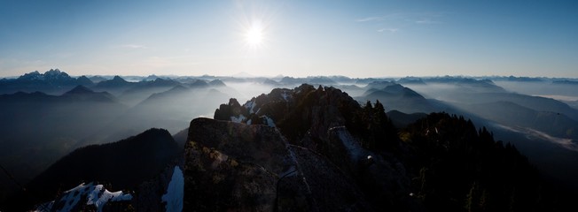 Mount Pilchuck in the Washington State with summits covered in the fog on the background © William Bossen1/Wirestock