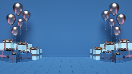 New Year. Silver Balloons With Blue And Silver Gift Boxes. Empty Banner Space For Christmas / New Year On Blue Background - 3D Illustration