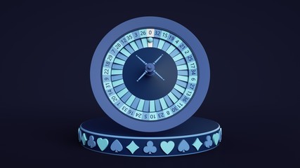 Blue Modern Elegant Concept Of  Roulette Wheel On Pedestal With Playing Card Symbols - 3D Illustration