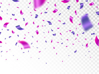 Purple and pink confetti isolated on transparent background. Falling color confetti. Realistic bright serpentine. Flying festive tinsel. Anniversary decoration elements. Vector illustration