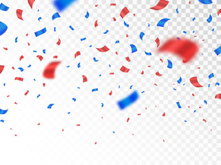 Red and blue confetti isolated on transparent background. Anniversary decoration elements. Falling color confetti. Realistic defocused serpentine. Vector illustration
