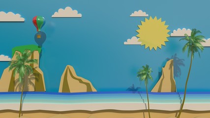 Island in the sea during the day time With the yellow sun , white clouds and red balloon in the sky