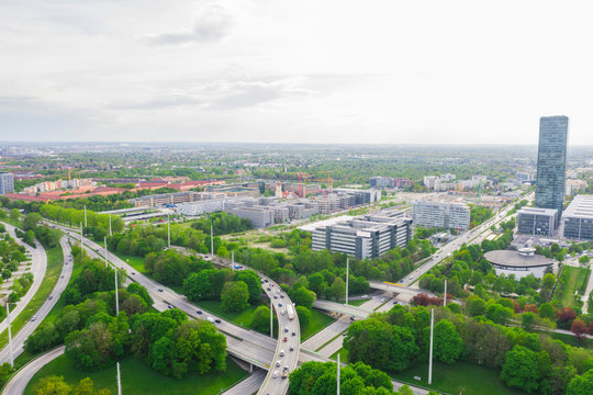 Germany, Bavaria, Munich, Aerial view of Moosach district in summer