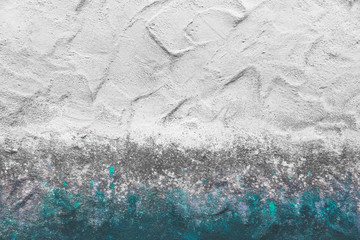 Abstract texture of old colorful wall with grain and scratches. Beautiful, artistic, creative background. White, grey and blue rough weathered stone texture. Copy space	