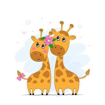 Vector illustration of two cute loving giraffes. Isolated objects on white background. Children's print on clothes