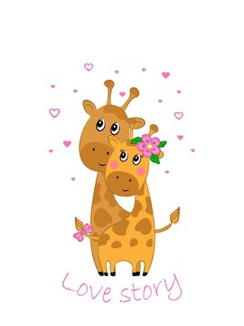 Vector illustration of two cute loving giraffes , children's print on clothes.