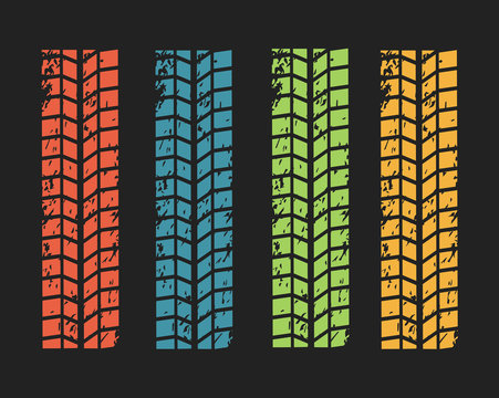 Collection textures of vector tire tracks with separate grunge texture, tire marks, tire tread, tread marks silhouette, pattern for machine and vehicle
