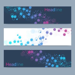 Scientific set of modern vector banners. DNA molecule structure with connected lines and dots. Scientific and technology concept. Wave flow graphic background for your design. Vector illustration.