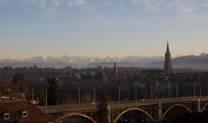 Fototapeta na wymiar Historic City of Bern with world famous mountain range of Eiger, Monch and Jungfrau in background