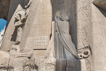 Exterior details on facade of cathedral  called Sagrada Familia. Religious Christian statues in the famous church in Barcelona, Spain