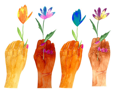 Woman's hands with her fist raised up and watercolor flowers. Girl Power. Feminism concept. illustration in pink pastel bright colors. Sticker, patch graphic design, pins in cartoon comic style