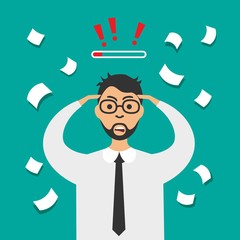 Stress at work. Vector stressed businessman with a headache. Tired man holds head having migraine. Worried man.