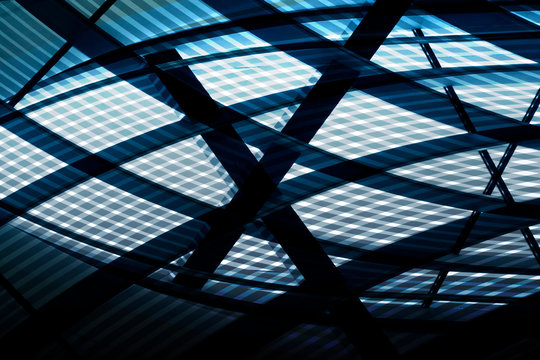 Collage photo grid structures of roof and ceiling. Modern architecture with hi-tech transparent glass panels. Contrast abstract geometric background with curve pattern in shades of sky blue color.