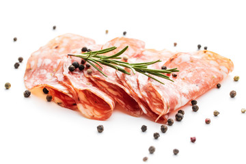 Sliced salami. Sausage meat.