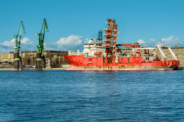 A ship under repair at shipyard in Gdansk, Poland.