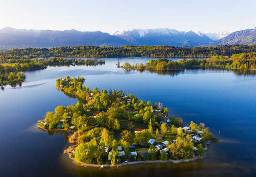 Germany, Bavaria, Seehausen am Staffelsee, Aerial view of Buchau islet in Staffelsee lake