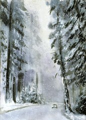 Watercolor winter landscape with wood