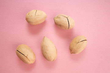 Close up of inshell pecan. Nuts mix on pink color background. Food for man's and women health. Raw foods for vegetarians and vegans. ..