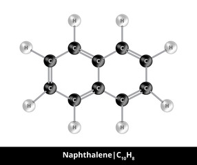 Vector ball-and-stick model of chemical substance. Icon of naphthalene molecule C10H8 consisting of carbon and hydrogen. Structural polycyclic formula suitable for education isolated on white.