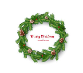 Fototapeta na wymiar Christmas vector background illustration with Christmas wreath created with pine tree branches.