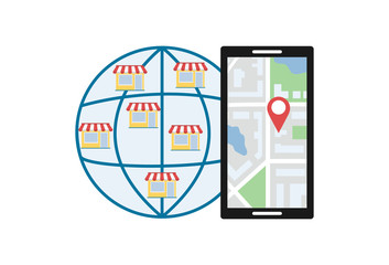Franchise and SEO promotion concept. A city map on a smartphone screen with a geolocation point, a globe with icons of stores around the world, target business advertising. Flat vector illustration.