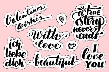 Stickers with hand drawn typography lettering inscriptions.