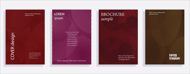 Minimalistic cover design templates. Set of layouts for covers of books, albums, notebooks, reports, magazines. Line halftone gradient effect, flat modern abstract design. Geometric mock-up texture