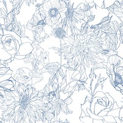 Elegant seamless pattern with hand drawn line garden flowers. Floral pattern for wedding invitations, greeting cards, scrapbooking, print, gift wrap, manufacturing. Blue colors.