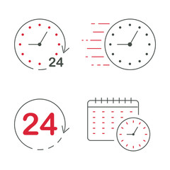 Clock and time counting line icons. 24 hour clock, time management with deadline signs. Timer, month calendar with clock, estimation and 24 hour pictogram. Thin line illustrations.