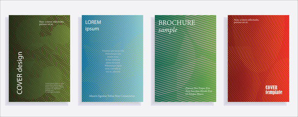 Minimalistic cover design templates. Set of layouts for covers of books, albums, notebooks, reports, magazines. Line halftone gradient effect, flat modern abstract design. Geometric mock-up texture