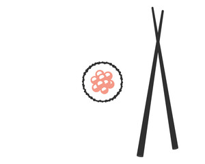 Chopsticks with sushi roll. Sushi piece with chopsticks vector web icon isolated on white background, EPS 10, top view