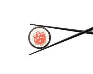 Chopsticks with sushi roll. Sushi piece with chopsticks vector web icon isolated on white background, EPS 10, top view