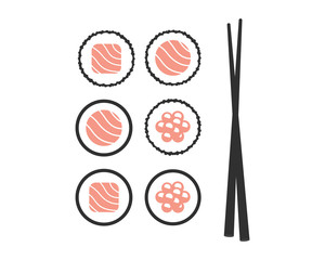 Chopsticks with sushi roll. Sushi piece with chopsticks vector web icon isolated on white background, EPS 10, top view