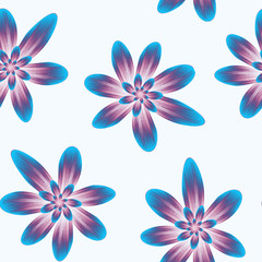 Seamless repeat pattern with flowers in blue and pink on white background. drawn fabric, gift wrap, wall art design.