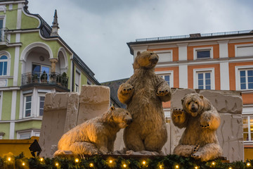 icebear statues as decoration at the christkindlmarkt in rosenheim, bavaria