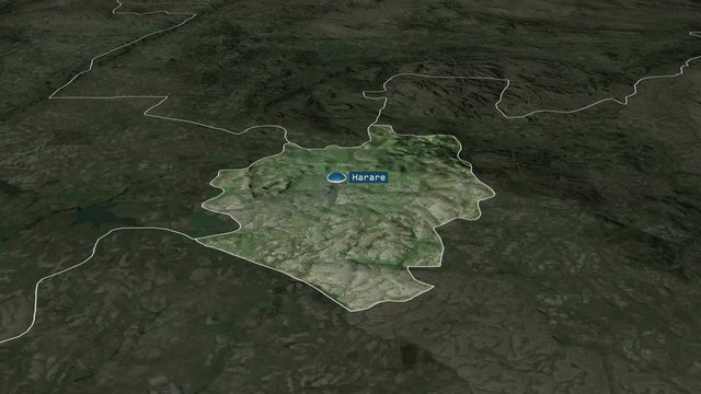 Harare - city of Zimbabwe with its capital zoomed on the satellite map of the globe. Animation 3D