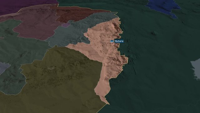 Manicaland - province of Zimbabwe with its capital zoomed on the administrative map of the globe. Animation 3D