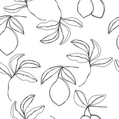 Abstract trendy seamless pattern with silhouettes of tropical plants in one line style. Lemon branches. Mono line minimalistic style. Simple design illustration of different floral elements. 