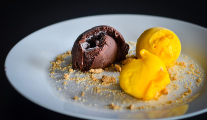 tasty home made mango & chocolate ice cream with biscuits