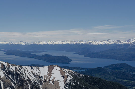 View of the Andes mountains and the Nahuel Huapi Lake, in  Patagonia Argentina.
