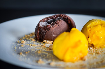 tasty home made mango & chocolate ice cream with biscuits