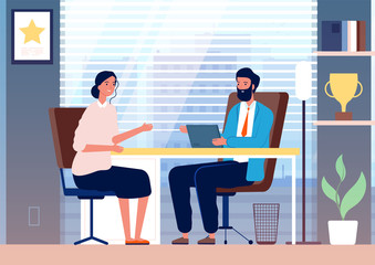 Woman interview. Female business girl employment recruiting in office boss sitting vector character. Illustration boss in office and employee female