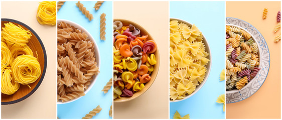 Different types of uncooked pasta, top view. Photo collage