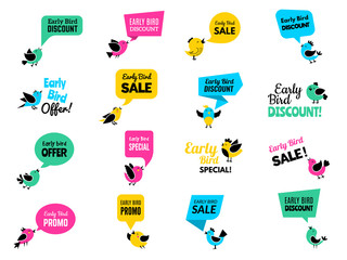 Early birds badges. Advertizing discount labels special business offers vector birds set. Illustration early bird discount offer, business promotion