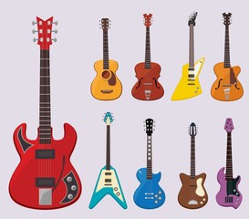Naklejka premium Musical guitar. Live concert instruments sound plays various objects classical guitars vector illustrations. Instrument electric and acoustic guitar, musical sound